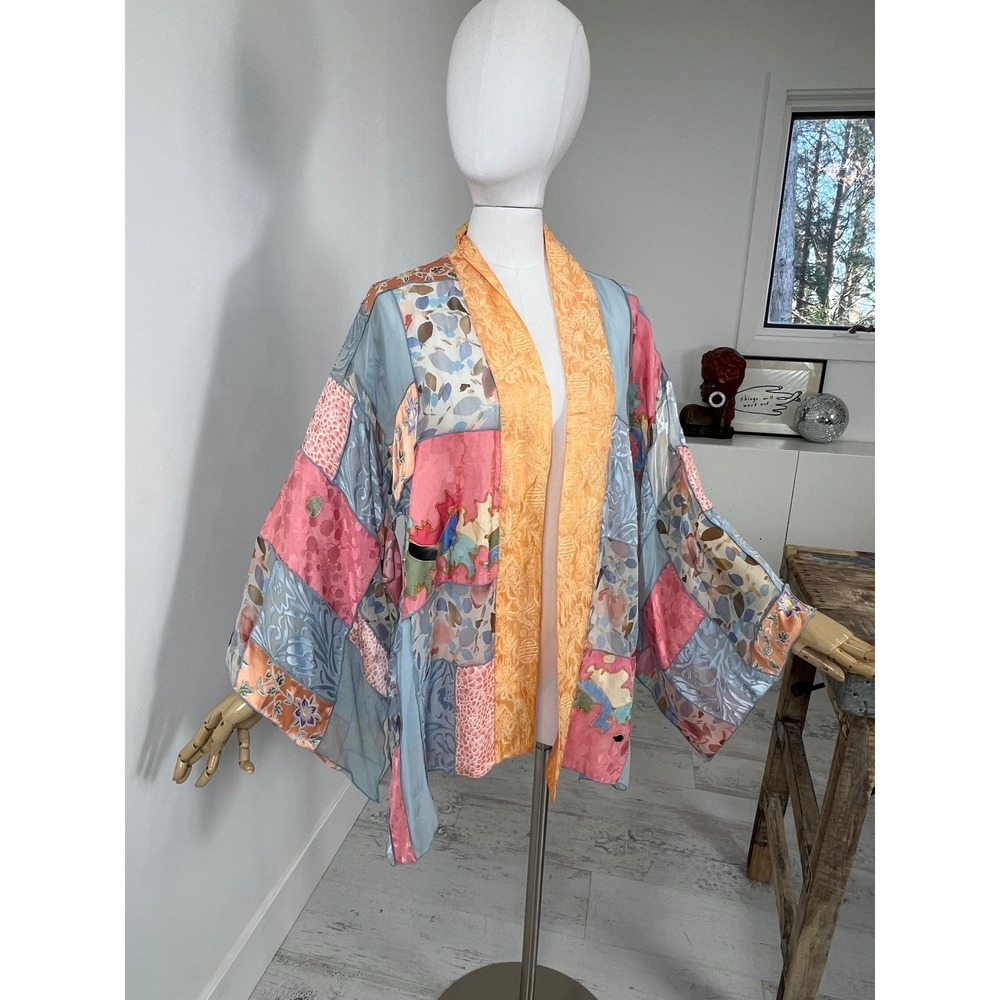 Tiger‎ Lili Silk Patchwork Duster Kimono Sheer Crushed Velvet Size M